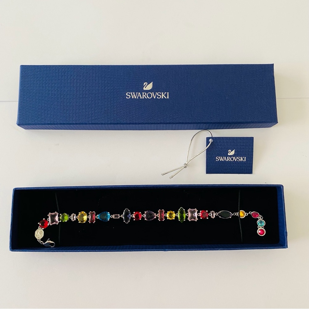 New in Box $249 Swarovski Rainbow Color Crystals Rhodium Plated Chain Bracelet